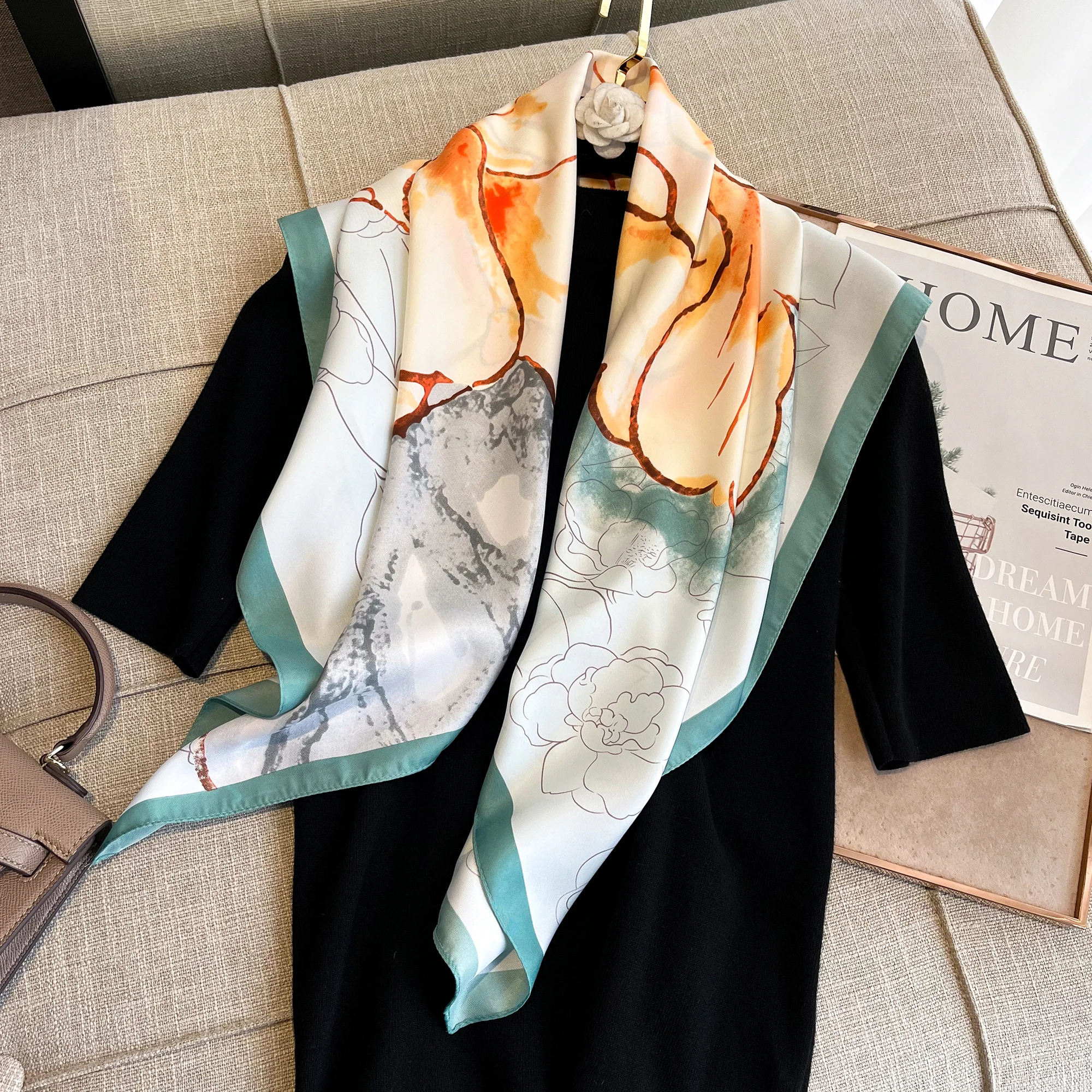 Fashion Twill Silk Neck Scarves Women Floral Printed Neckerchief Large Hijab Scarfs Square Shawls Wraps Bandana Head Scarf 90CM