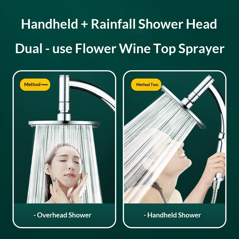High Pressure Rainfall Shower Head 2 In 1 Handheld & Overhead Shower Sprayer Stainless Steel Large Flow Bathroom Shower Nozzle
