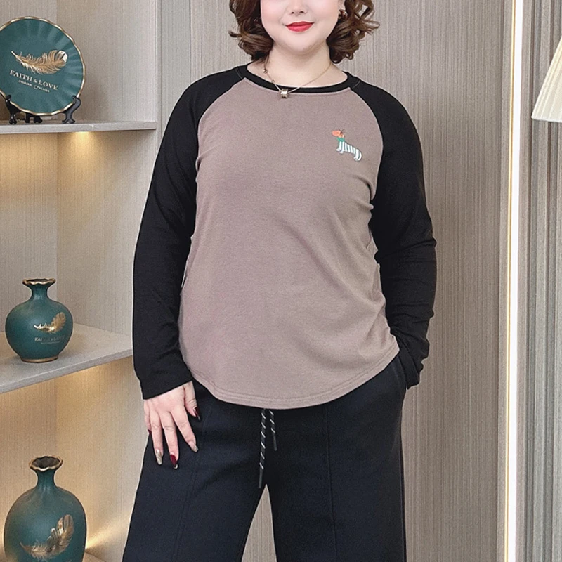 Plus Size Women Brushed Tops Autumn Winter Loose Pullover Round Neck Block Color T-shirt 2409