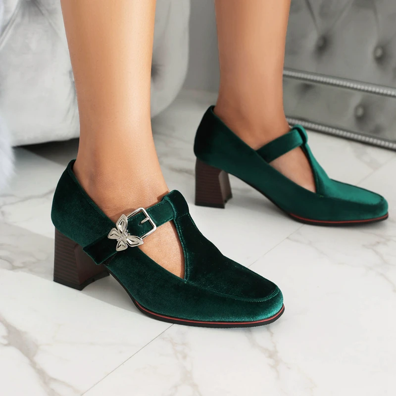 Black Burgundy Green Vintage Pleuche Velvet Mary Jane Shoes Women Square Toe Buckle Strap T-tied High Heels Pumps Woman Big Size