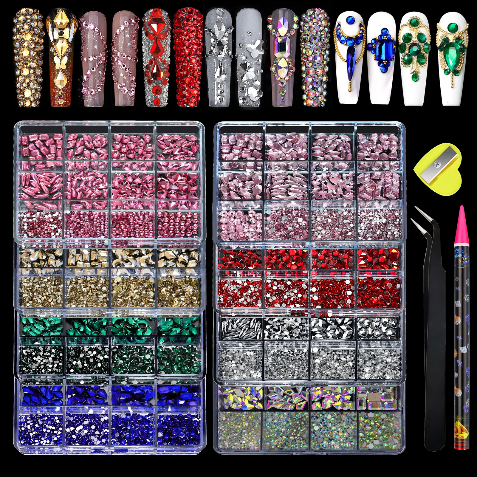 

12 Grid Diamond Jewelry Set for Nail Art Decorations Nail Ab Flat Bottom Drill Nail Art Luxe Nail Shaped Diamond Illusion Color