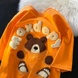 Vintage Bear Cartoon Embroidered Loose T-shirt Cute Flocked Women's Crewneck Top Ins Tees Kawaii Women T Shirt