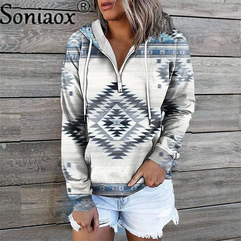 Hoodies do vintage geometria cor contraste zíper com capuz topos feminino outono nova queda ombro manga longa solta camisola feminina