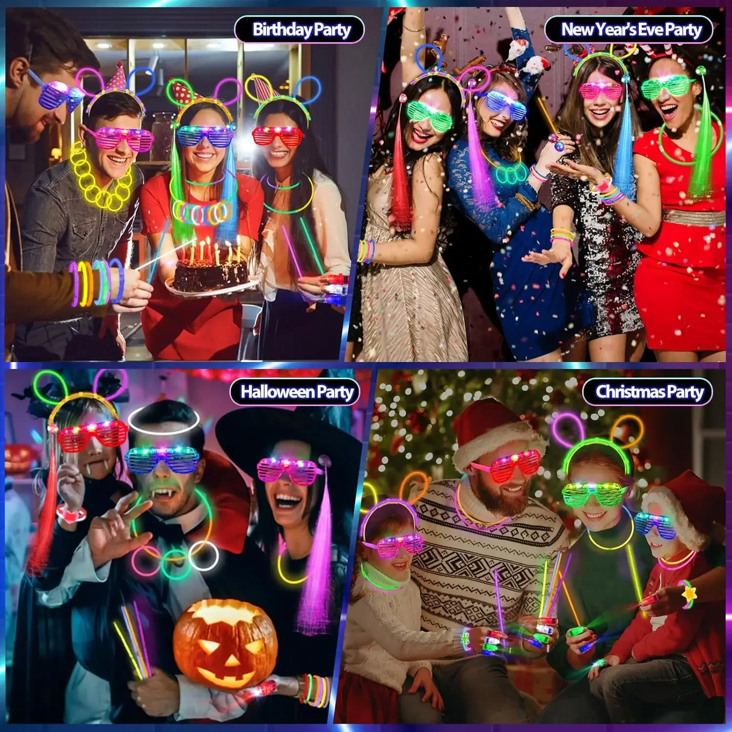 128PCS Light Up Glasses LED Hair Clips Finger Lights Rings Glow Sticks Neon Bracelets Headbands Glow in the Dark Party Supplies