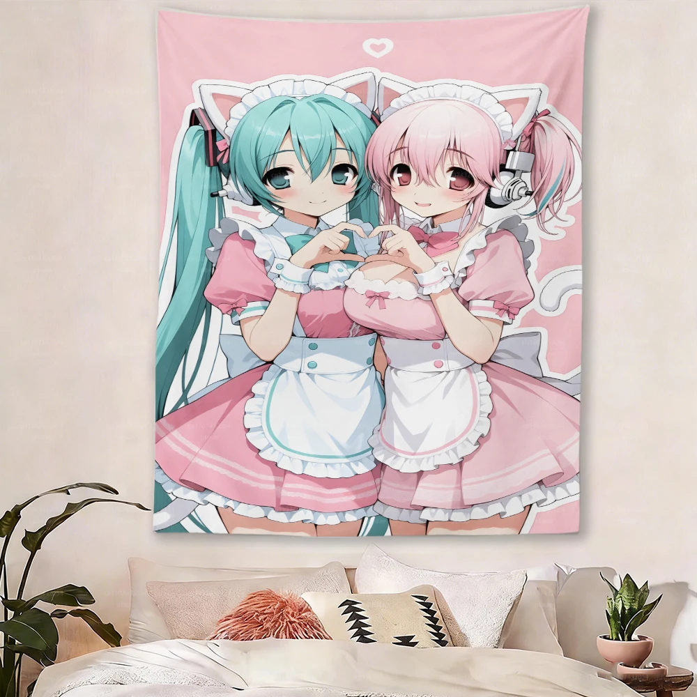 Cute Anime Girl Wall Tapestry Pink Maid Outfit Cat Ear HD Print Wall Hanging Kawaii Aesthetic Bedroom Dorm Background Decor Tape