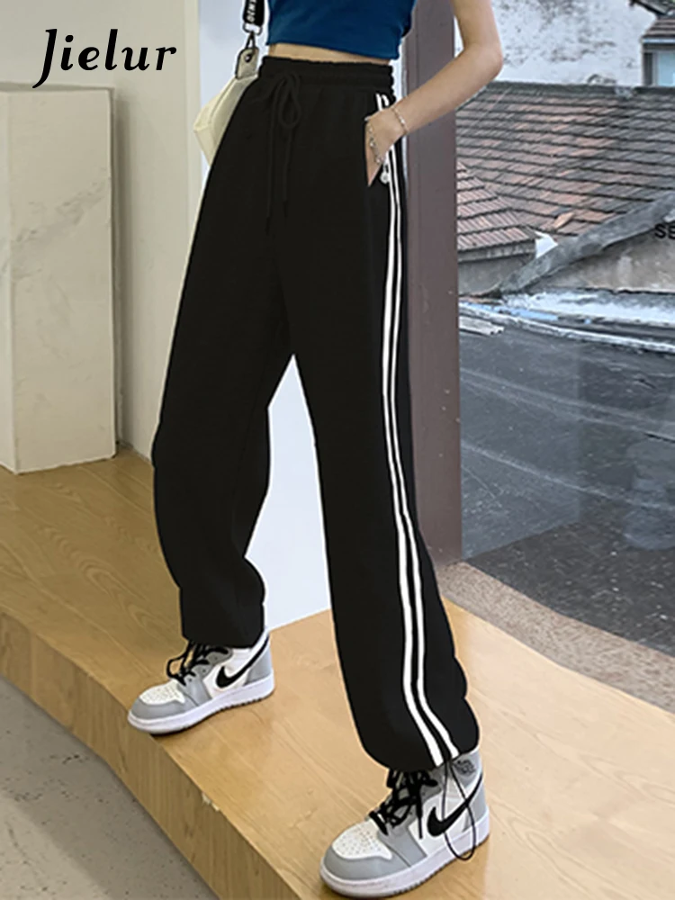 Jielur Female Drawstring Female Wide Leg Pants Autumn High Waist Black Slim Strip Loose Women Pants Fashion Sweatpants Woman