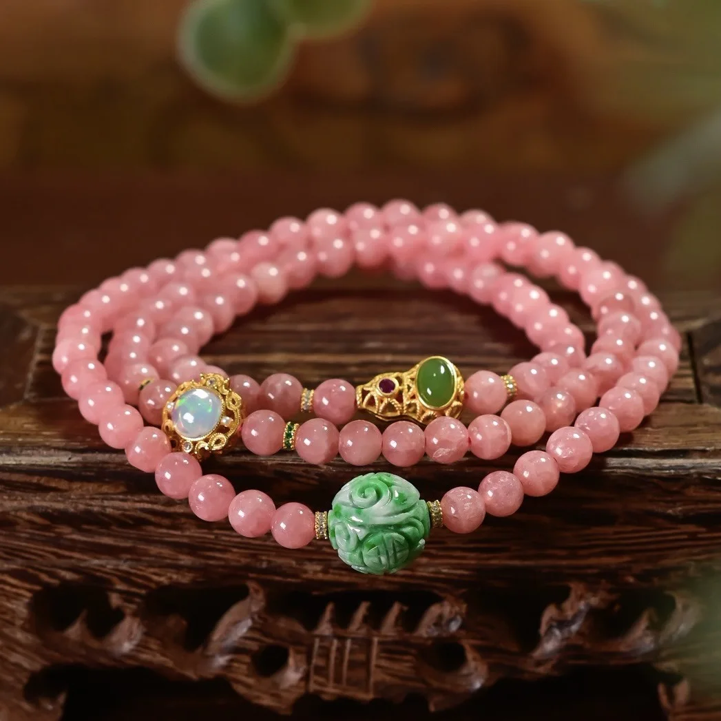 Natural Rhodochrosite Multi-loop Bracelet Grade A Dry Green Jade Opal Jasper S925 Silver Gold Plated Women Jewelry