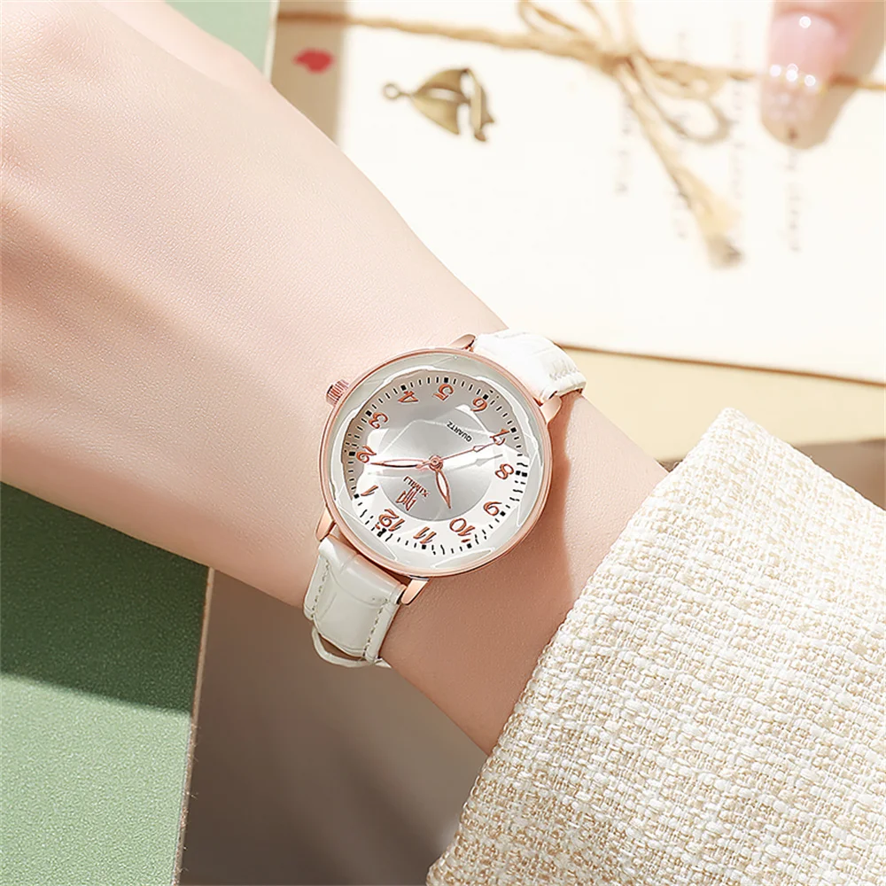 Women\'s Watch Simple Arabic Numerals Quartz Watch Fashionable Pink Leather Lady Business Clock Wristwatch