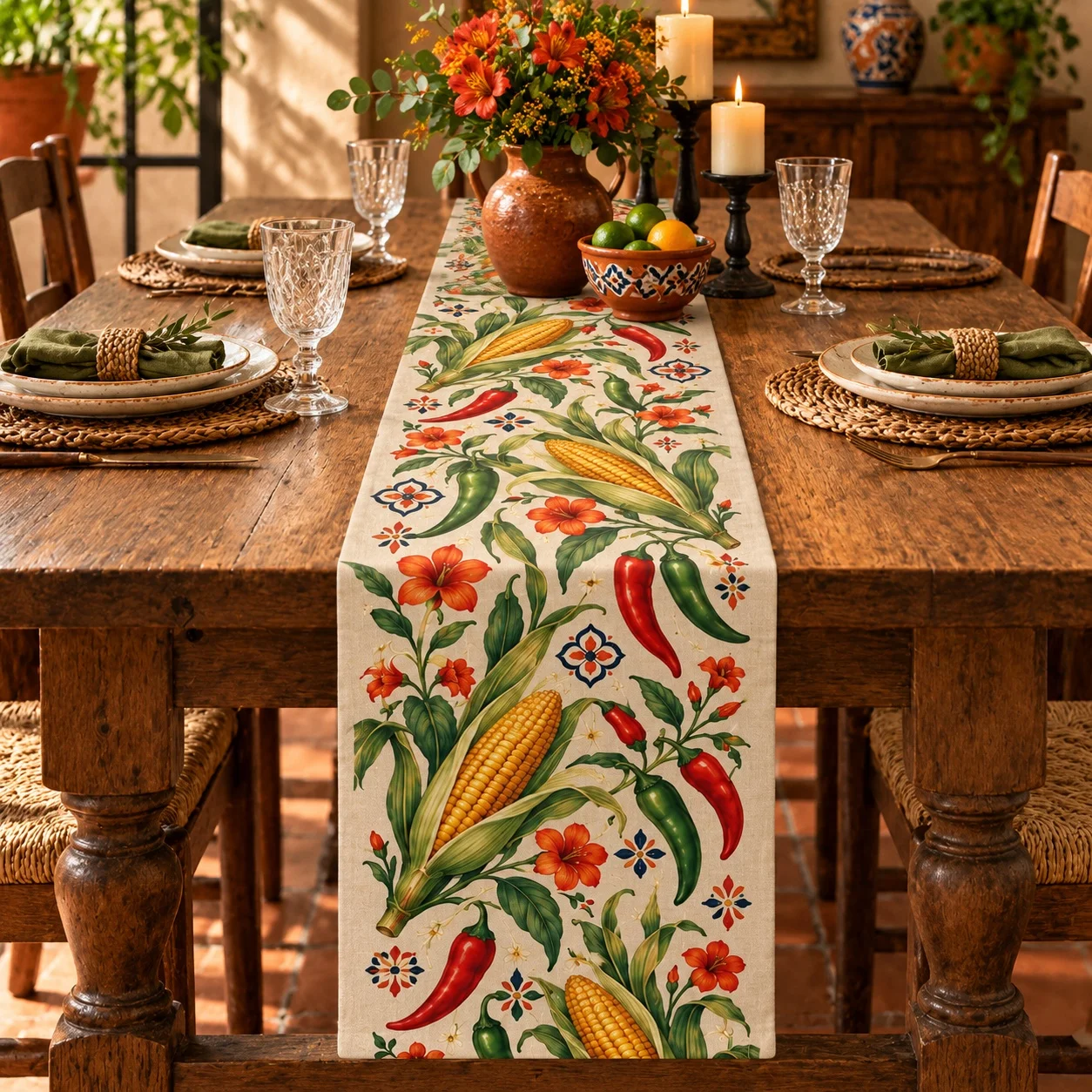 Mexican Corn Chili Floral Table Runner Southwestern Botanical Dining Table Decor Farmhouse Kitchen Home Party Decoration