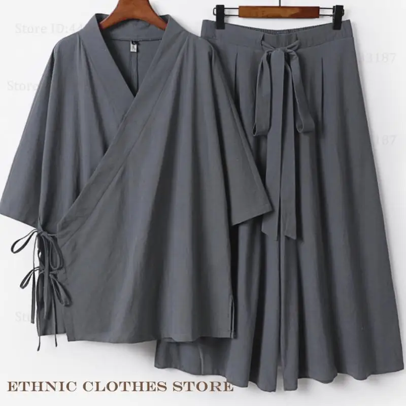 Large Size 3XL-9XL Male Kimono Cardigan Pants 2Pcs Set Traditional Japanese Samurai Costume Yukata Haori Cotton Linen Outwear 