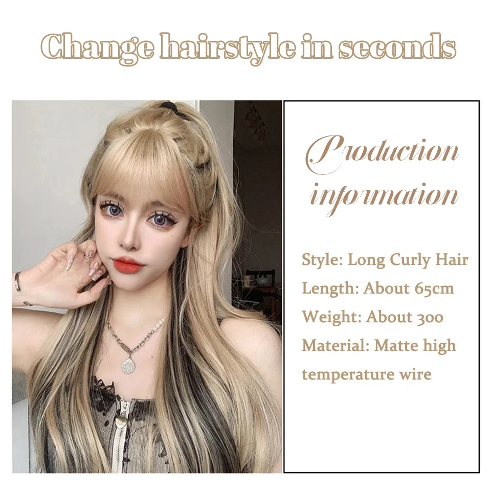 OLACARE Long Wavy Curly Blonde Black Hair Highlights Synthetic Blend Wigs With Fluffy Bangs For Women's Daily Wear Four Season