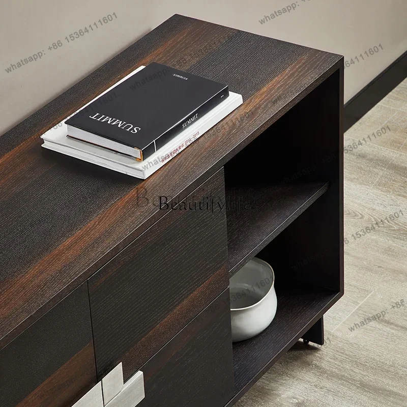 FGItalian modern living room storage side cabinet, smoked wood minimalist storage wine cabinet
