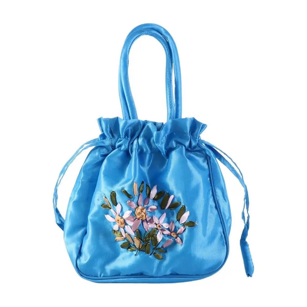 Satin Silk Hanfu Drawstrings Bag Leaf Ethnic Style Embroidery Flower Handbag Shopping Bag Storage Bag Small Purse Wallet Outdoor