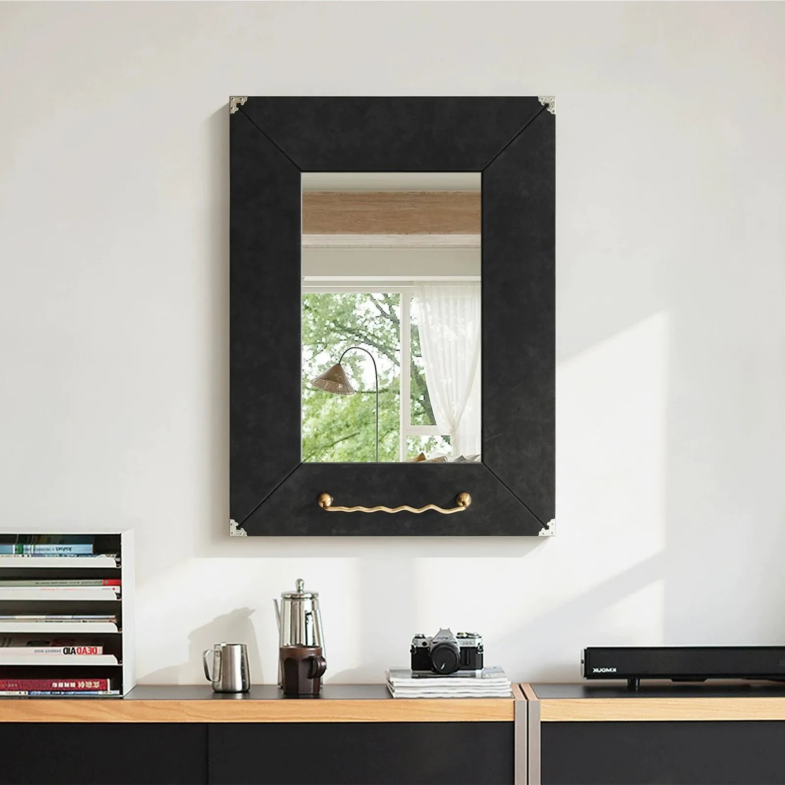 Mid Century Wall Mounted Decor Mirror with Hanging Hook Retro Vanity Makeup Mirror Bedroom Living Room Aesthetic Wall Ornament