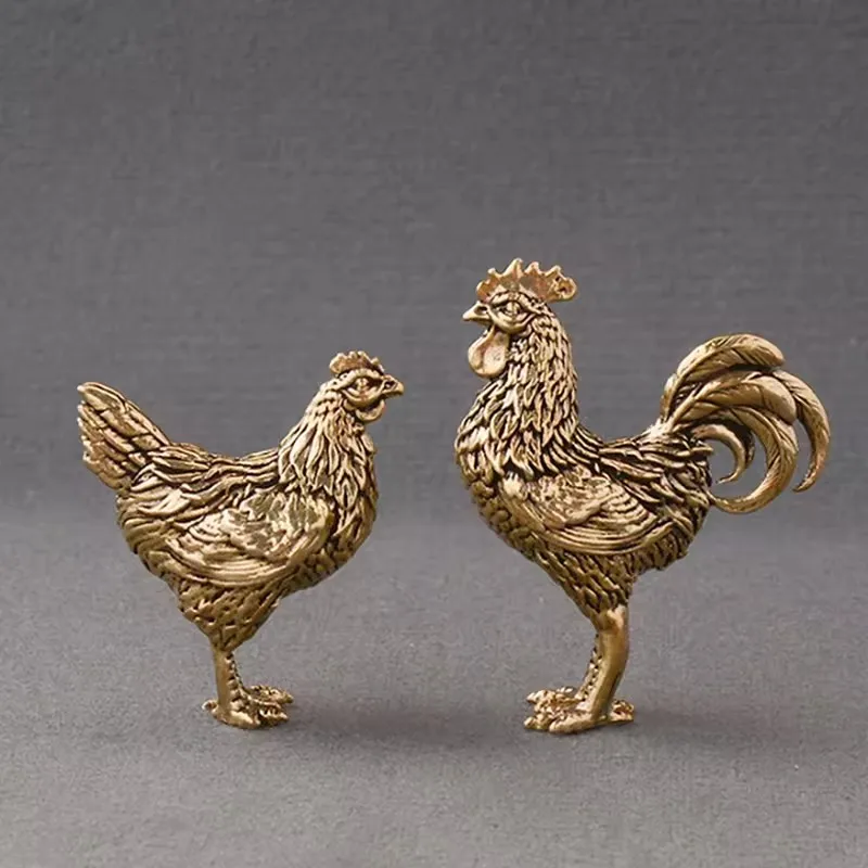 Premium Solid Brass Rooster & Hen Small Statue, Copper Chicken Ornaments Tea Pet Crafts for Office Desktop Decoration Collection