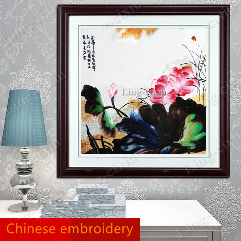 Mural Suzhou embroidery double hoof lotus ink painting living room office hotel cafe interior decoration painting high-end gift