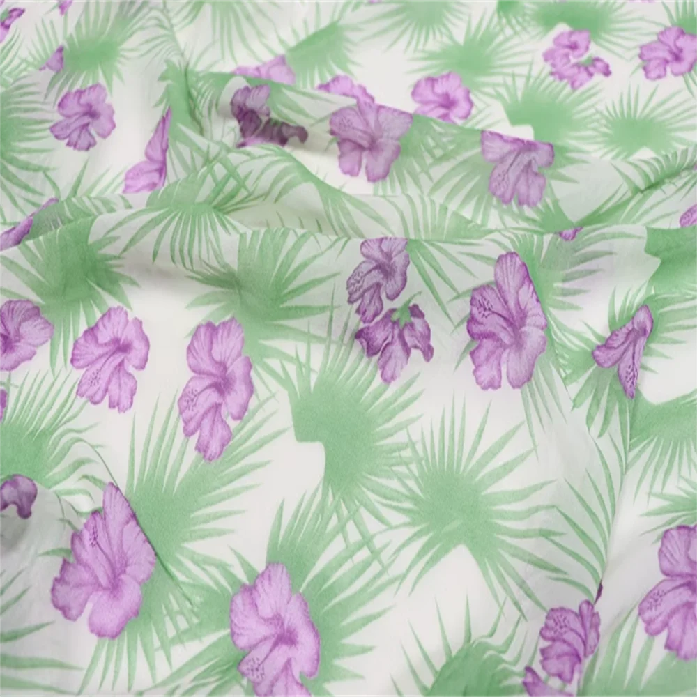 Comfortable Feeling Material Purple Flower Green Leaves Popular Elegant Style Silk Georgette Fabric for Women Nice Dress