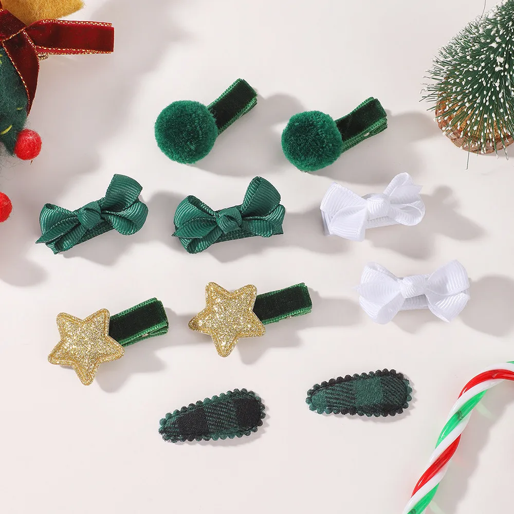 Holiday Kids Hair Pins 10Pcs Card Pack Bow Pom‑pom Star Plaid Hair Clips Toddler Girls Christmas Costume Hair Decor