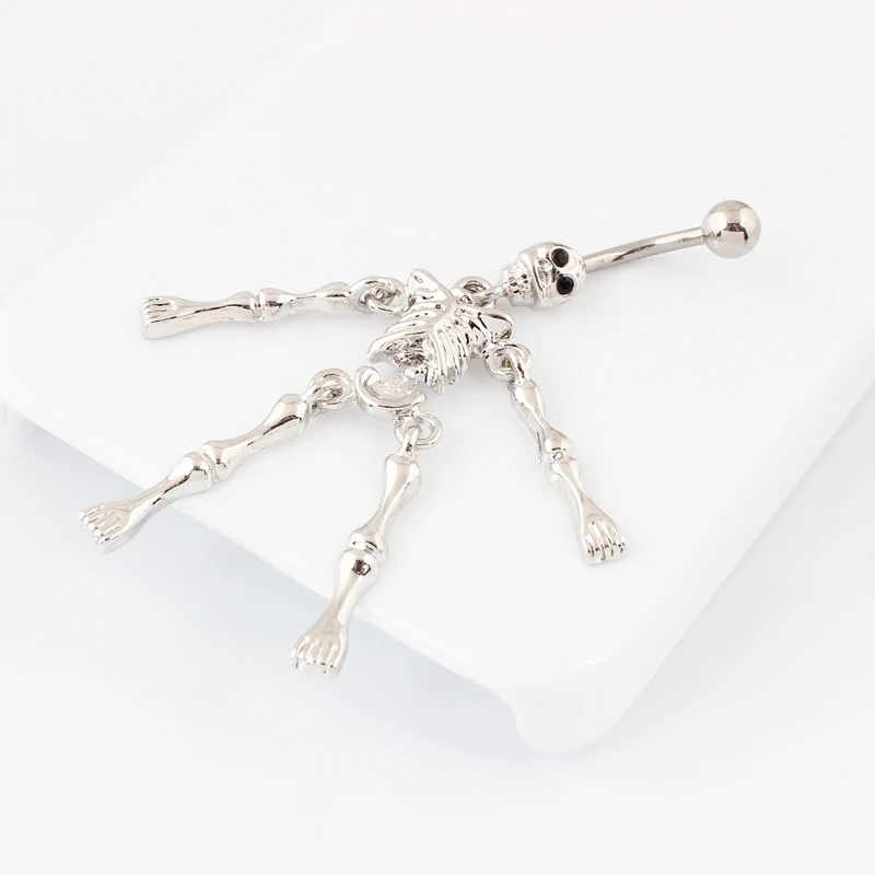 Body Skull belly button ring Skeleton body piercing jewelry Retail navel ring belly bar 14G 316L surgical steel bar