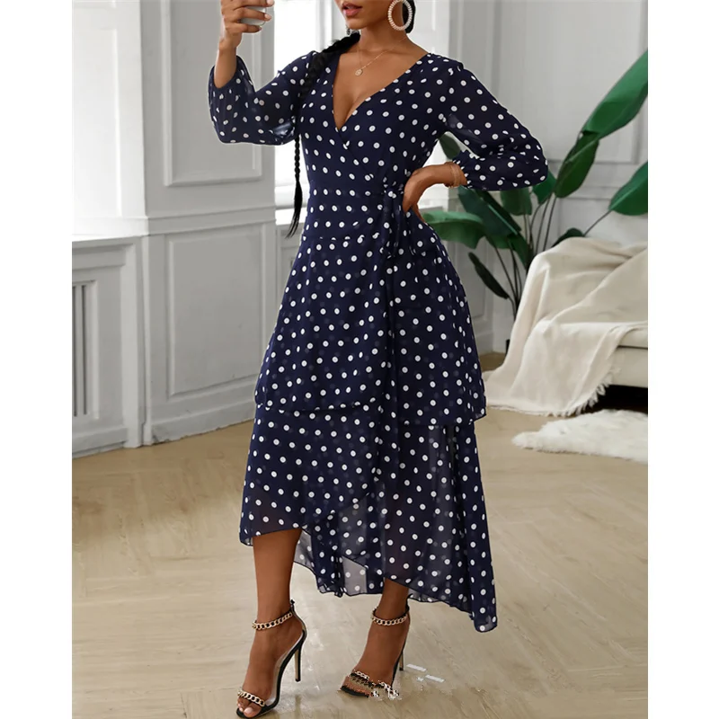 Casual Female Long Sleeve V Neck Corset Bohemian Vacation Dress Women Elegant Fashion Dot Print Loose Ruffle Long Dress