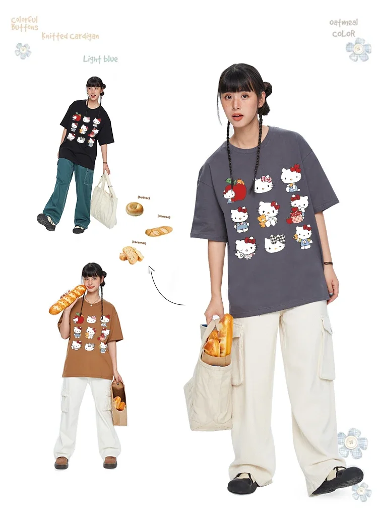 

MINISO Sanrio Cartoon Character Hello Kitty Print Cute Short Sleeve Loose Summer Fashion Oversize Cute Top Couple Family Wear