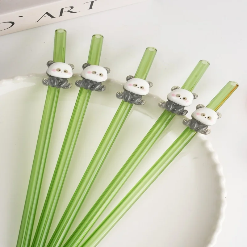 Panda Green Curved Glass Straw,Reusable with Panda Decor. Perfect for Cocktails, Smoothies, Pool Parties, Weddings, Beach