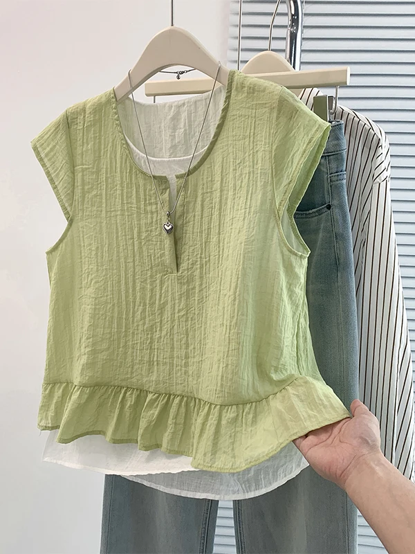 

Loose Short Sleeve Shirt Lace Trim Splice Casual Style Women's Summer 2026 Breathable Thin Fabric round Neck Regular Length