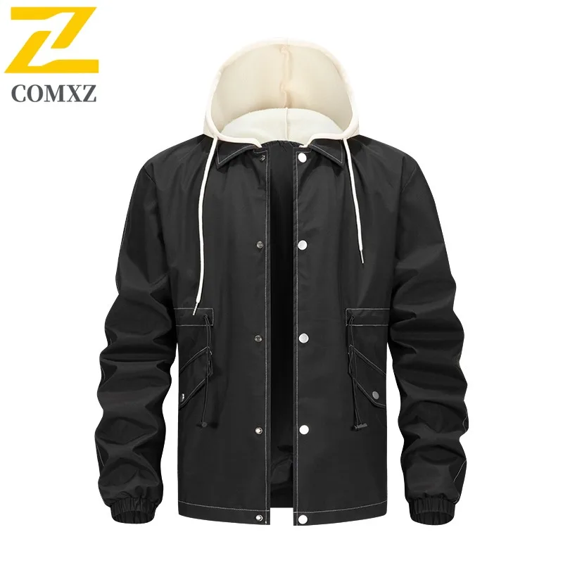 

COMXZ Men Jacket Leisure Hood Outdoor Camping Windproof Jackets Single Breasted Design Hiking Lightweight Motorcycle Jacket