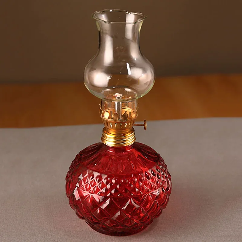 Chamber Oil Lamp For Home Decor And Emergency Lighting Vintage Burning Lantern Tabletop Kerosene Lamp W/ Adjustable Fire Wick