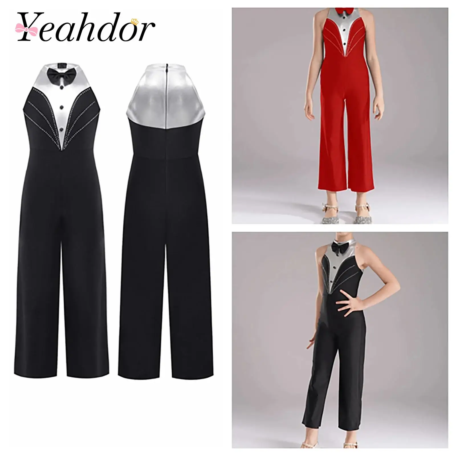 

Bowtie Girls Tuxedo Jumpsuit Fashion Metallic Jumpsuit Dancewear Kids Modern Jazz Latin Dance Costume Sleeveless Full Bodysuit