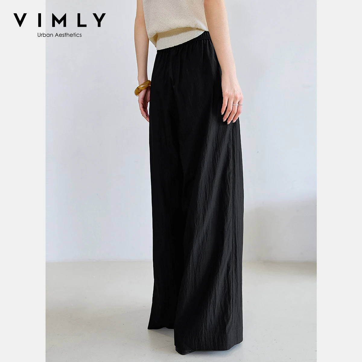 VIMLY Summer Long Baggy Pant 2025 Women's Elastic High Waist Loose Wide Leg Casual Full Length Trouser Woman Clothing M9877