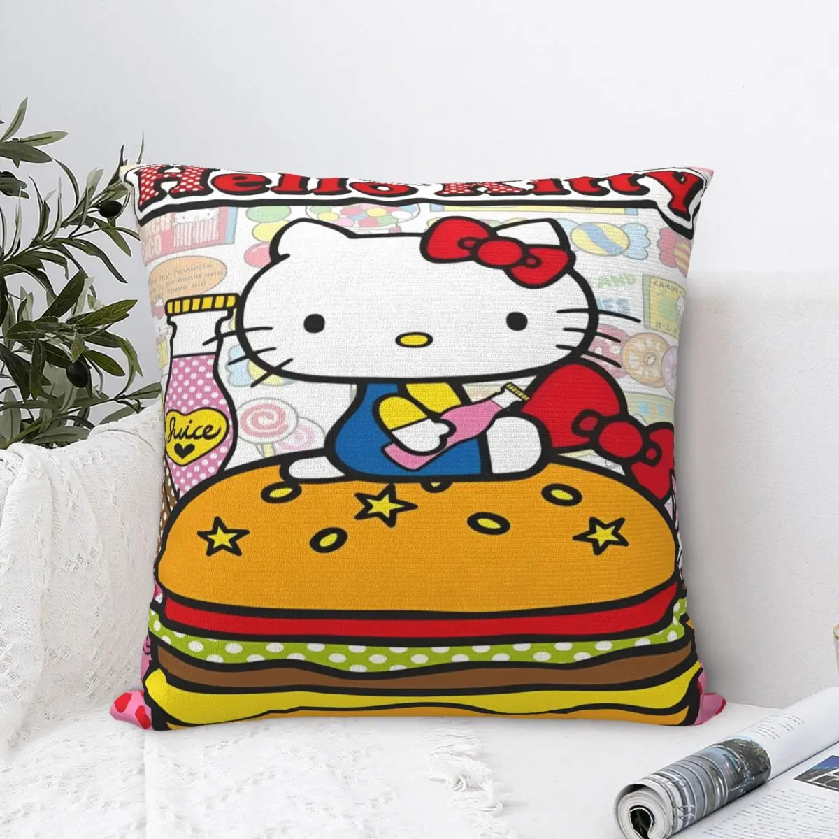 Decorative Pillow Cover Hamburger Hello Kitty Product Home Pillow Case Cover Square Multiple Sizes Wholesale