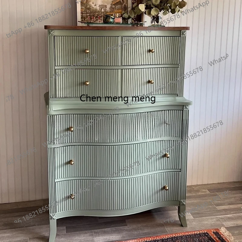 

French Retro Solid Wood Chest of Drawers for Small Apartments, Color-Block Storage, American Style Home Living Room