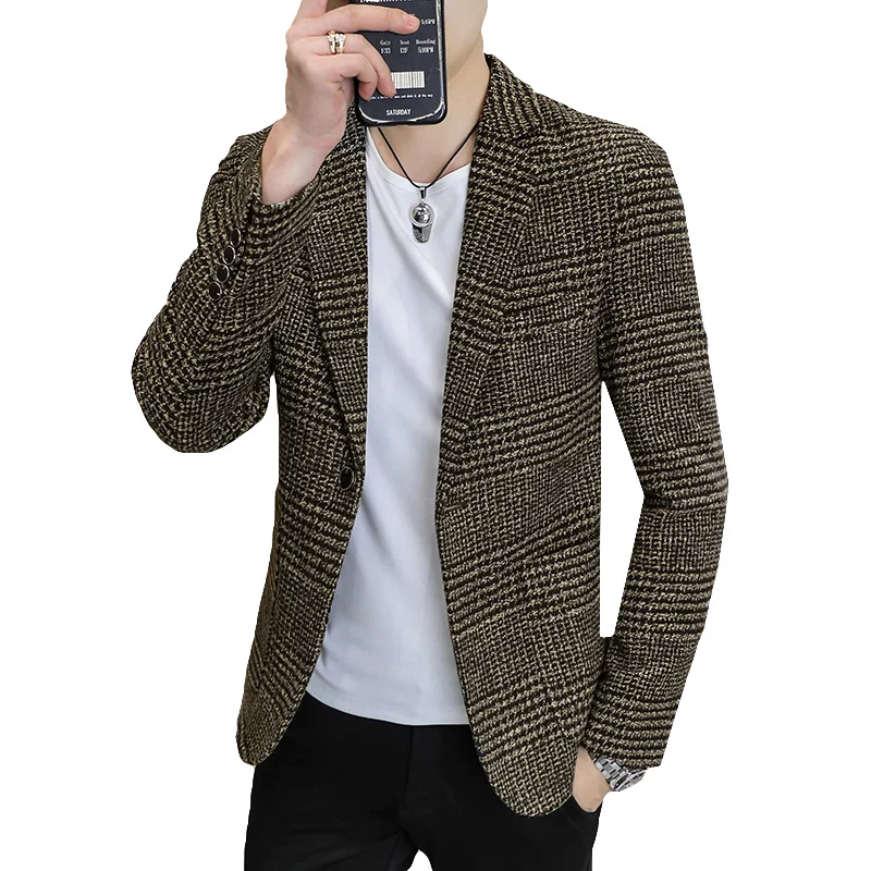 New Simple Atmosphere Men's Small Suit Korean Version Slim Top Handsome Casual Plaid Single Suit Trend Formal Coat Men