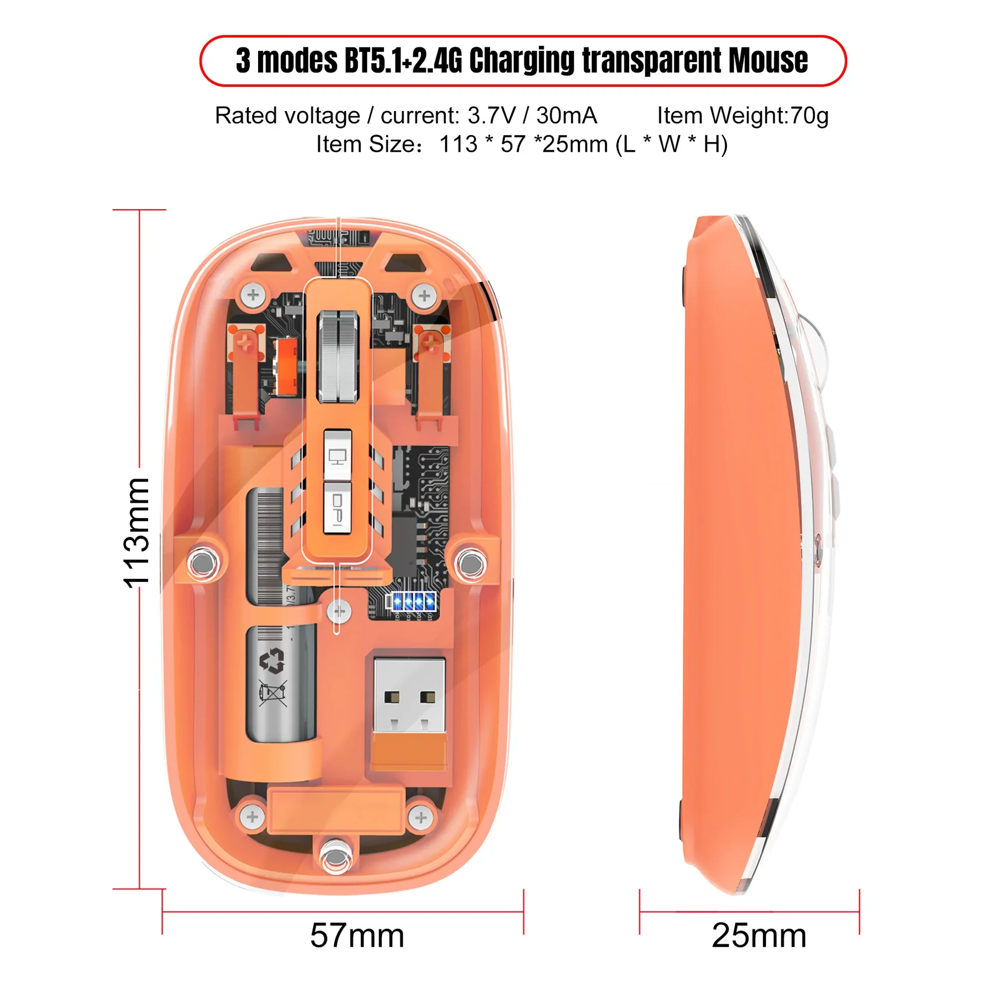 ZLRLMHY Latest Transparent Mouse M233 3-modes Wireless Fully Mute Key Ergonomic Lightweight 500 MAh Rechargeable Laptop Mouse