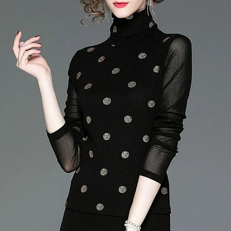 New Autumn and Winter Women\'s Solid Color Turtleneck Long Sleeve Lace Gauze Classic Pullovers Polka Dot Trendy Comfortable Tops