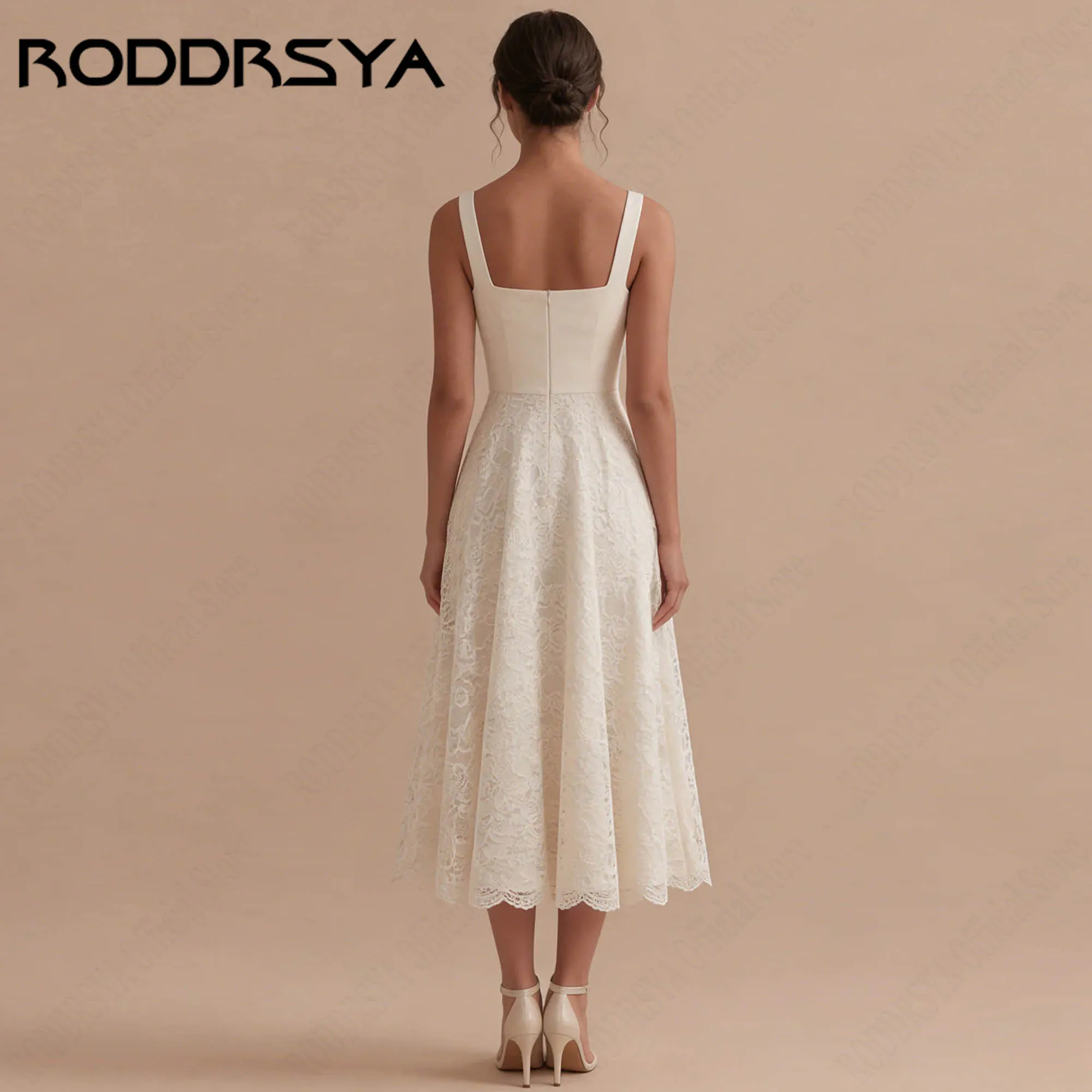 RODDRSYA Square Neck Lace Midi Wedding Gown Sleeveless A-Line Bridal Elopement Dress Classic Elegant vestido de novia Customized