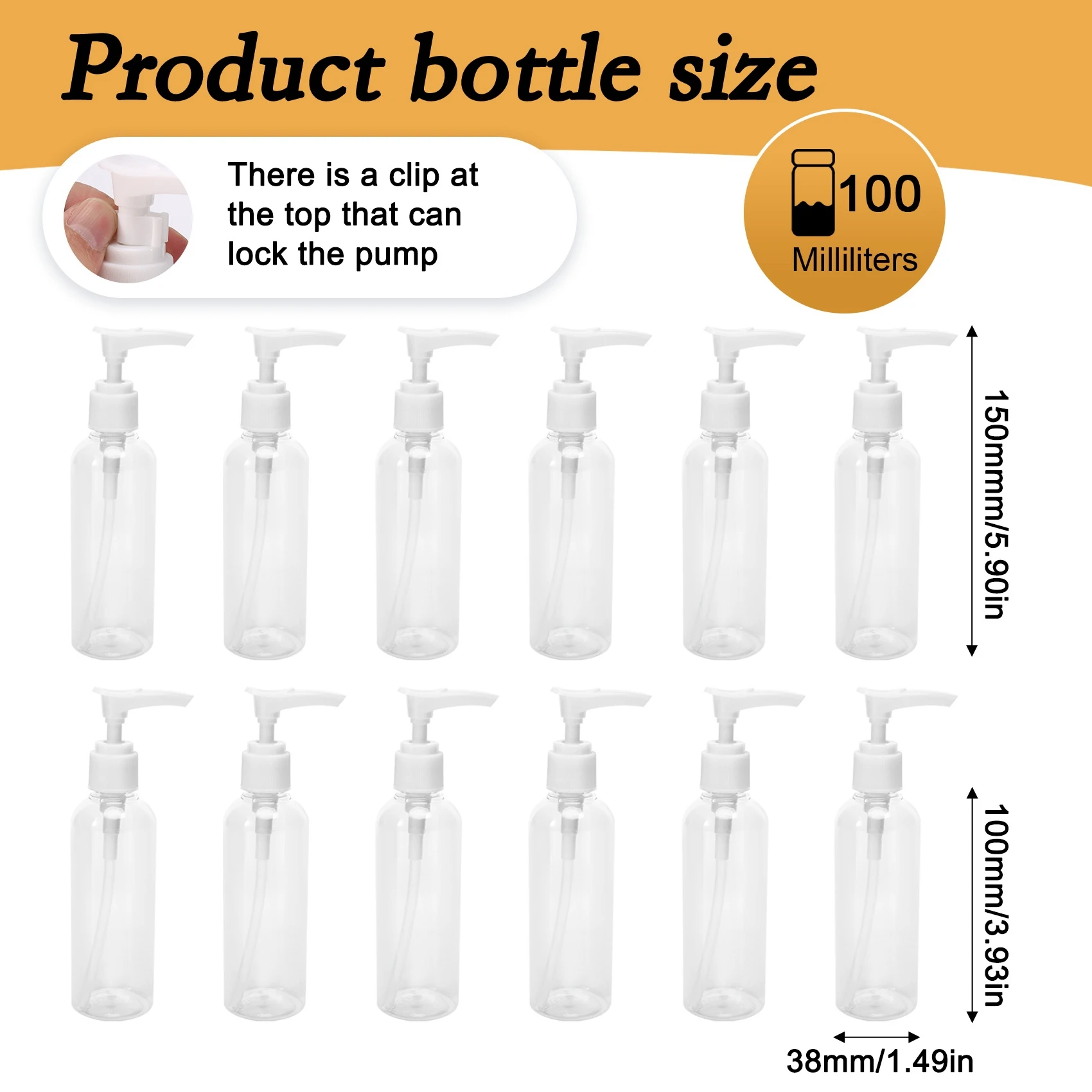 A94E-12 عبوة 3.4 أونصة/100 مل زجاجات سفر شفافة زجاجة مضخة زجاجة توزيع الغسول للمياه وزيت التدليك والشامبو