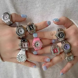 Vintage Punk Finger Watch Mini Elastic Strap Alloy Watches Couple Rings Jewelry Clock Retro Roman Quartz Watch Rings Women Men