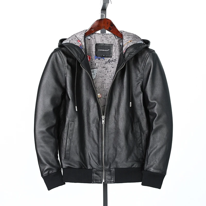 New Men's Genuine Leather Jacket Hooded Pure Leather Slim Fit Youth Baseball Coat Fashionable Urban Style Short Zipper Closure