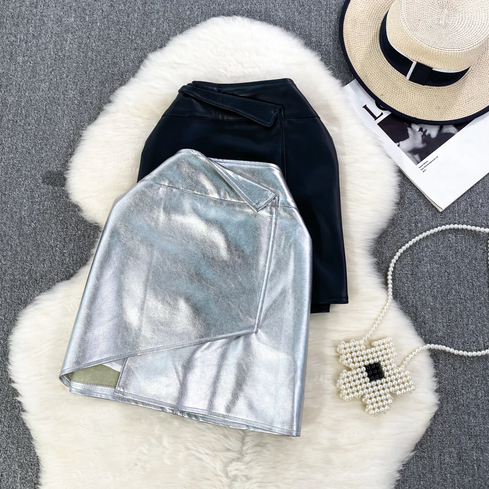 

Irregular Split PU Leather Skirt For Women's Autumn Winter Fashion High Waist Street Girl Wrap Hip Mini Short Black PU Skirt