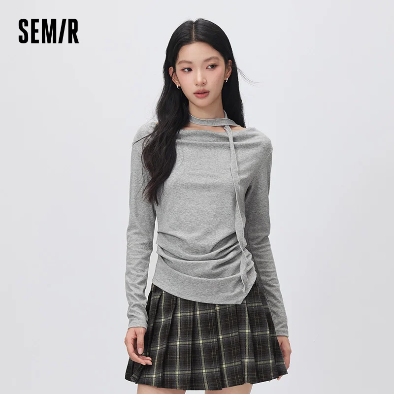 Semir Women Tshirt Long Sleeve Short Cowl Neck Ruched Asymmetric Solid Elegant Casual Autumn Top Daily Wear 2026