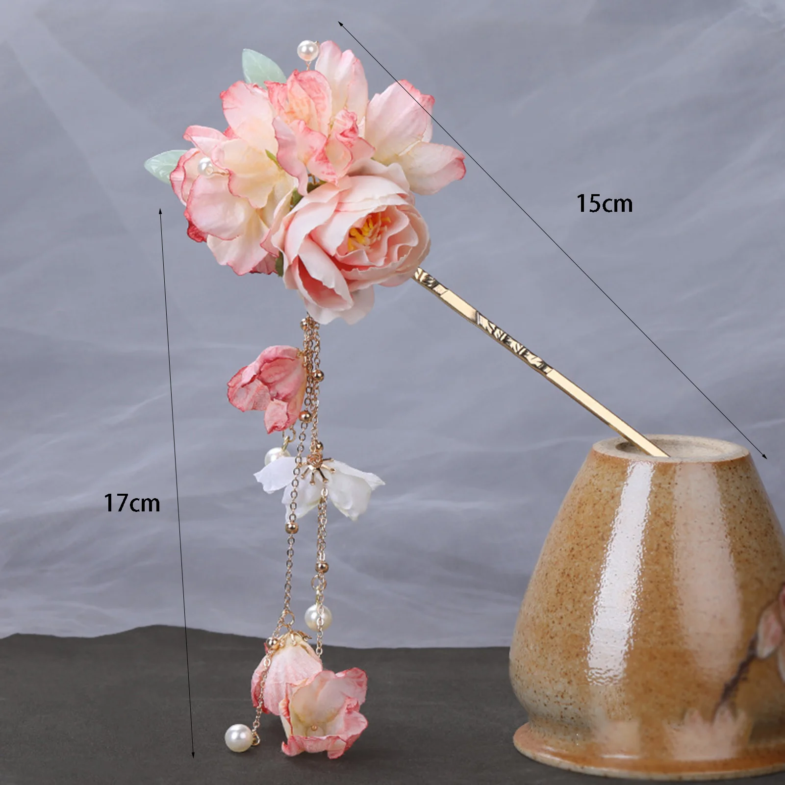 Vintage Silk Flower Hair Stick Headband Fringed Hairpin Chinese Style Hair Accessories Floral Headpiece for Women Hanfu Dress