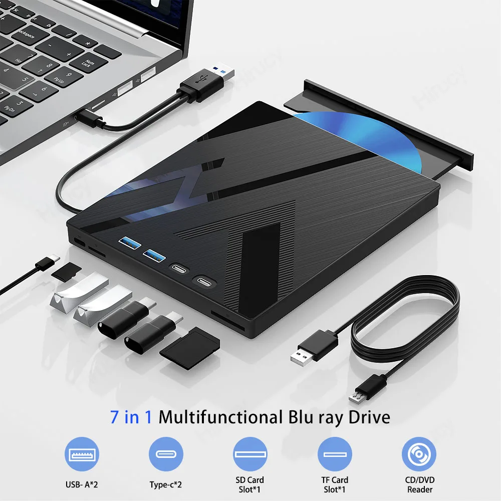 USB 3.0 Type-C External Blu-ray Optical Drive for Laptop PC Portable BD DVD CD -/+RW Player Burner Reader with SD/TF Card Slot
