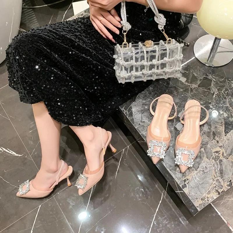 Stiletto Sandals Women's Back Empty New Pointed Toe Shallow Slip Rhinestone Buckle Kitten Heel Strap Baotou High Heels