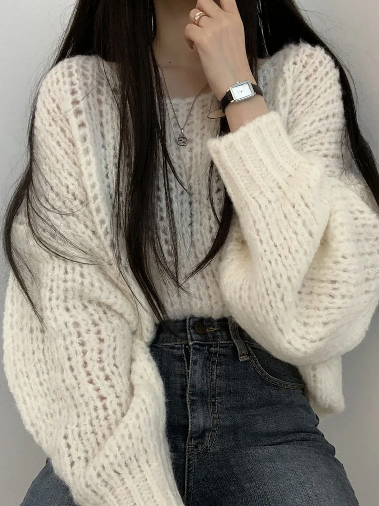 新しいファッション中空アウトプルオーバーニットセーター女性カジュアルルーズランタンスリーブ O ネックセーター秋冬ニット服