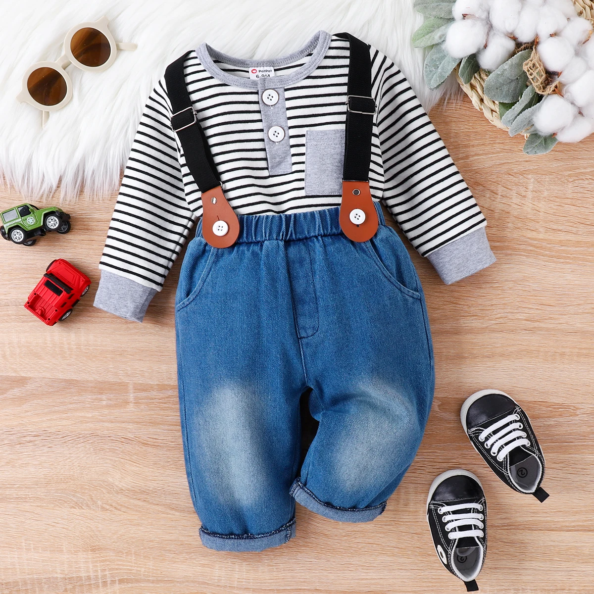 PatPat 2pc Baby Boy Casual Stripe Denim Long Sleeve Set