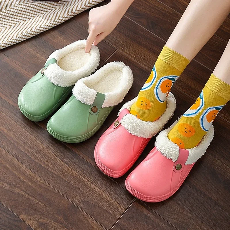 

Comwarm Winter Women's Fuzzy Clogs Slippers Garden Shoes Soft Sole Waterproof EVA Plush Slippers Men Fur Clogs Couple House Shoe