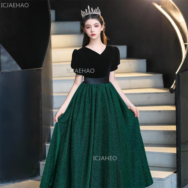 2026 Forest Green Kids Girls Piano Host Violin Recital Choir Evening Gown Formal Celebration Dress Performance Children Long