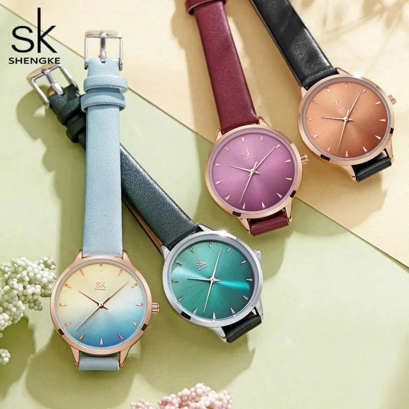 Shengke Women Watches SK Colorful Lady Fashion Quartz Watch Simple PU Watchband Waterproof Colorful WristWatch Relogio Feminino